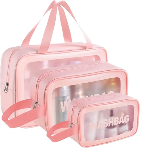 Image of Catron Waterproof Makeup Pouch Bag for Women Travel Kit Washbag Pink Faux Leather, Traveling Cosmetics, Brushes & Accessories Box Toiletry Organiser with Clear Window, Set of 3 (Pink)