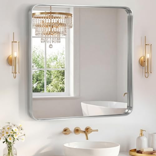 Image of Sweetcrispy Bathroom Mirror 36x36 Inch Metal Framed Rounded Rectangle Vanity Mirror for Wall, Over Sink, Farmhouse, Restroom, Anti-Rust, Modern Decorative, Horizontal or Vertical Hanging, Silver