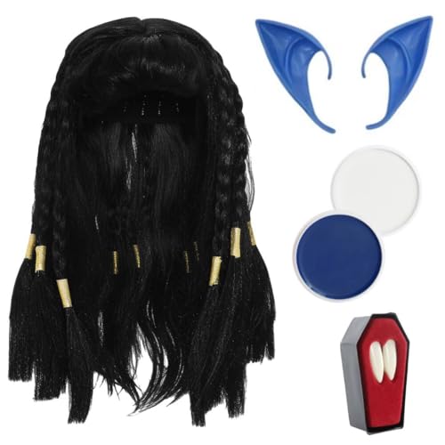 Costume de guerrier extraterrestre bleu - Perruque noire avec oreilles bleues, crocs et peinture pour le visage - Accessoires de déguisement de créature mythique pour Halloween et fêtes de cinéma