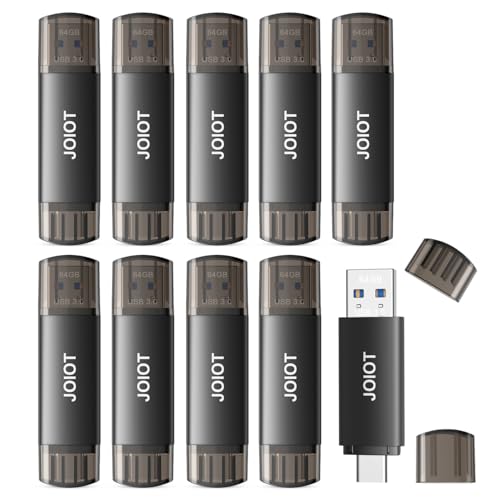 64GB USB C Flash Drive Dual USB 3.0 Flash Drive Type C + USB A Portable Type-C Flash Drive 2-in-1 USB-C Thumb Drive for Smartphone Tablet Computer Mac iPhone 16/17 Black (10 Pack)