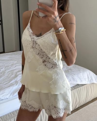 Image of Women Lace Trim Coquette Shorts Set Silk Satin 2Pcs Pajama Set Sleepwear