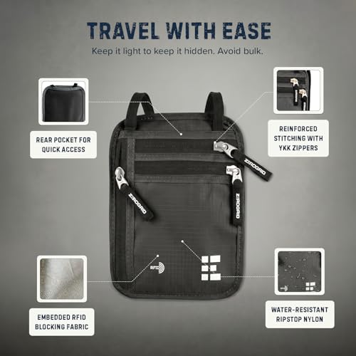 Image of Neck Wallet for Travel & Passport Holder with RFID Blocking - Slim & Easy to Conceal Nylon Travel Pouch for men & women - Holds Phone, Cash, Cards, Keys - Sweat & Water Resistant - Large - Dark Grey