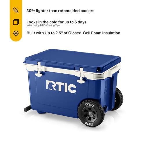 Image of RTIC 52 Quart Ultra-Light Wheeled Hard Cooler Insulated Portable Ice Chest Box for Beach, Drink, Beverage, Camping, Picnic, Fishing, Boat, Barbecue, 30% Lighter Than Rotomolded Coolers