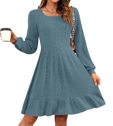 AUSELILY Damen Strickkleid Herbst Pulloverkleid Langarm Kleid Outfit Winterkleider,Hellblau S