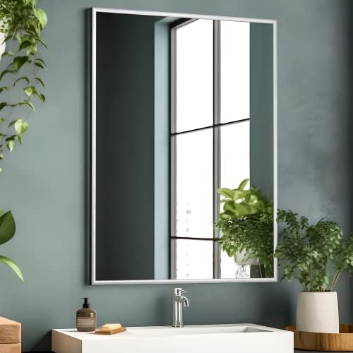 NeuType Wall-Mounted Mirror Rectangular Hanging Mirror Metal Framed Wall Mirror, Best for Bathroom, Washroom, Bedroom, Living Room, Silver, 36"x24"