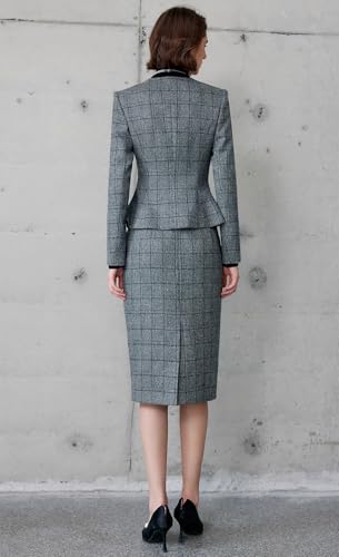 Women's Plaid Suit Skirt Set Business Casual Single Breasted Button Jacket Collarless Tuxedos2