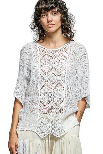 POL Clothing Sheer Ornate Crochet Top, White, Boho Style with Zig-Zag Hem (US, Alpha, One Size, Regular, Regular)