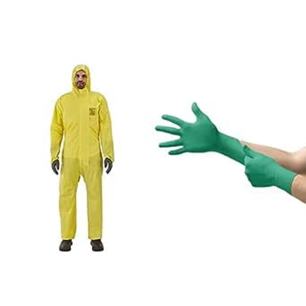 AnsellAlphaTec 2300 Model 132, Disposable Work Overall with Hood, Yellow TouchNTuff 92600VP Disposable Nitrile Gloves, Green, Size L (20 Gloves)