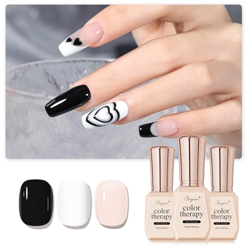 3Pcs 15ml Gel Nail Polish Kit, Jelly Nude Black White Soak Off UV Gel Polish Set for Nail Art DIY Manicure at Home