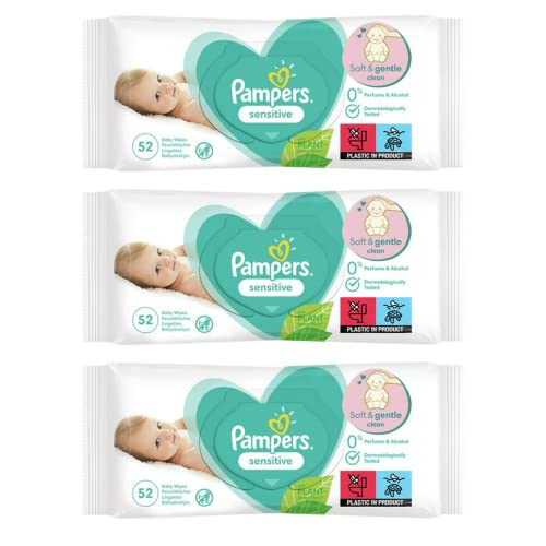 156-624 x Baby Wet Wipes PAMPER'S Sensitive Soft Gentle Fresh Babies No Fragrance Unscented Newborn Nappy Changing Skin Protection Clean Safe 52 Pcs Pack UK Free P&P (3X PAMPERS Packs (156 Wipes))
