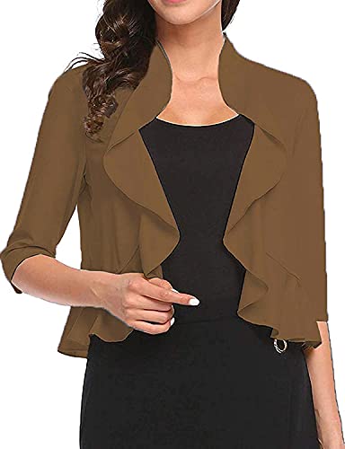 Image of Women's Open Front Cropped Cardigan 3 /4 Sleeve Casual Shrugs Jacket Draped Ruffles Bolero Cardigan