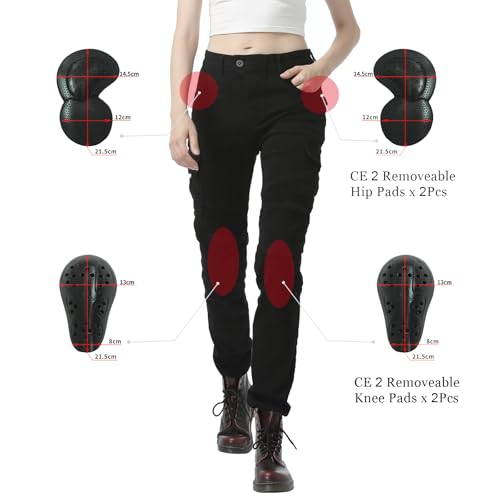 LOMENG Motorcycle Riding Pants Motorcycle Jeans Slim Fit with CE Knee Hip Removable Protectors Armor for Women Black S 28 - Thumbnail 3