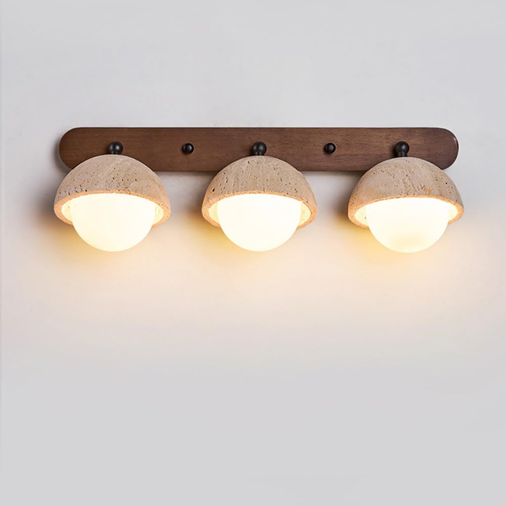 HUAYUSEDF Bathroom Vanity Stone Wall Lamp, Warm Light G9 Indoor Wall Light, Natural Travertine Semicircle Wall Sconce, Round Glass Lampshade Sconce, for Bath Mirror Bedroom Living Room(Large)