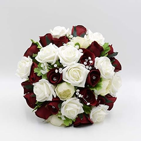 Artificial Wedding Flowers Hand-made by Petals Polly, BRIDES POSY, BURGUNDY/IVORY ROSE WITH RANUNCULUS, Deep Red, Claret Cover