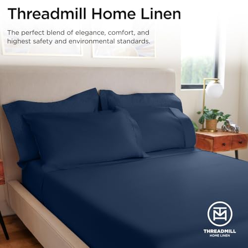 Image of Threadmill 100% Cotton Sheets for Twin Size Bed - 600 Thread Count Twin Bed Sheets Set with 15 inch Deep Pocket - Sateen Weave 3-Piece Bedding Set with Cooling Effect, Folkstone Blue