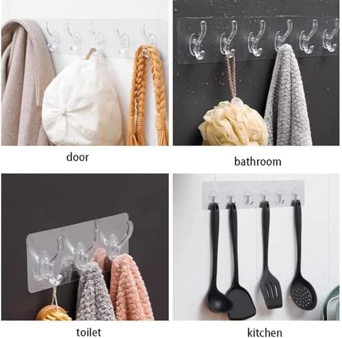 Image of Wall Hanger Hooks for Clothes - Self Adhesive 6 Hook Strip | Heavy-Duty Stick-On Hanger for Kitchen, Bathroom & Bedroom | No Drilling, Waterproof & Rustproof (Pack of 1)