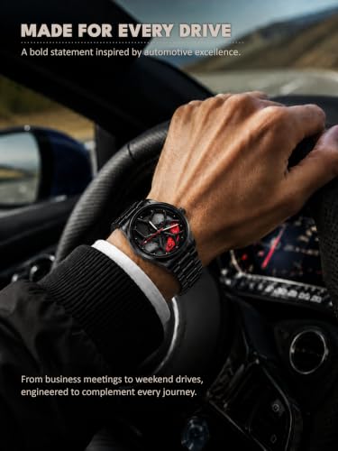 Image of V2A Men's Analog Automotive Inspired Wheel Rim Design Wrist Watch | Stainless Steel Bracelet| Quartz Movement | 30M Water Resistant | Premium Black Metal Strap Watch for Men | Casual & Formal