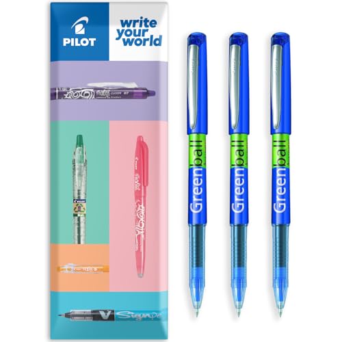 PILOT GreenBall Liquid Ink Rollerball Pen - Begreen Range 89% Recycled - Pack of 3 Pens - Medium 0.7mm Nib - Ideal for Writing, School, Home, Revision, Office - In Envelope Gift Packaging (Blue)
