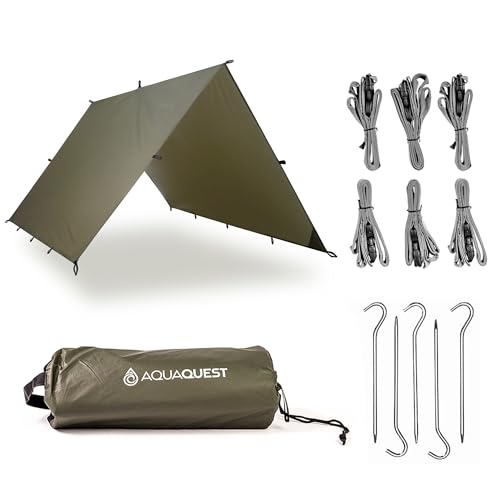 AquaQuest Guide Camping Tarp - Ultralight Tent Cover or Rain Fly - Waterproof Camping Gear Must Haves for Hiking, Hammock, Bivy & Survival, 10 x 7 ft, Olive Drab Kit