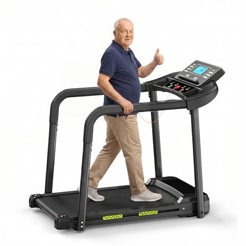 Senior Walking Treadmill with APP Workouts, Extra-Wide 16.55" Deck, 2.5HP Quiet Motor, Extra-Long Handrails, 0.5-7.5MPH Low-Impact, 300LBS Capacity, Heart Rate Sensor, 12 Programs, Foldable