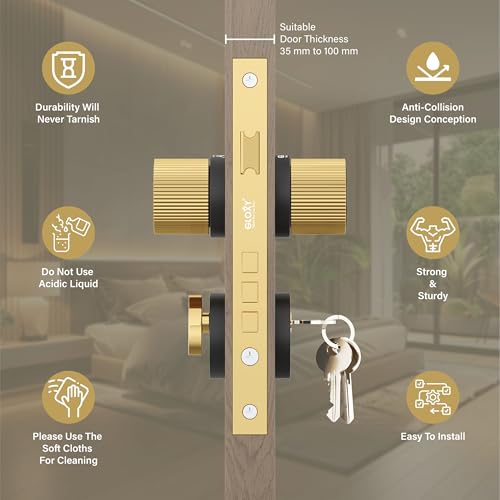 Image of GLOXY Zinc Door Knob Handle for Main Door Mortise Lock Pull Handle Left & Right Door Lock with 3 Key Lock Body & Cylinder for Office |Gold & Black Finish (2 Years Warranty, Pack of 1)