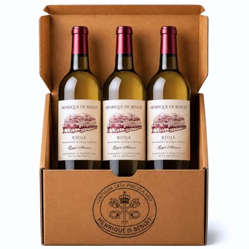 Henrique de Benoît® Vino Blanco Rioja D.0. Viñedo de Zona | Pack 3 Botellas 750 ml | Viura 90% y Tempranillo 10% | Caja Vino Blanco Premium, Ideal como Regalo Gourmet
