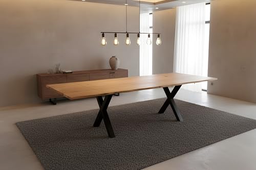 SAM Esstisch Sessa mit Ansteckplatten | 120 x 80 cm (erweiterbar auf 200 x 80 cm) |Eichenholz massiv + geölt | echte Baumkante | X-Gestell Metall schwarz | Baumkantentisch/Esszimmertisch