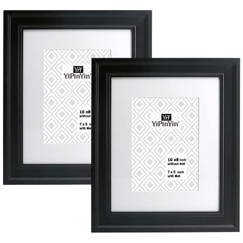 YiPinYin Black Photo Frames Set of 2 With Mount, Black Premium Modren Wooden Picture frames With mount, Frames with Real Glass Front for Tabletop or Wall Display, 10×8Inch Mount for 5 X 7'' 2pk Cover
