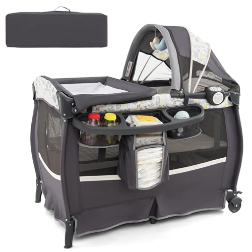 Image of HONEY JOY Pack and Play, 4 in 1 Portable Baby Crib Playpen w/Bassinet, Changing Table, Canopy, Mattress, Music Box, Storage Bag, Foldable Pack and Play Nursery Center for Infant Boys Girls