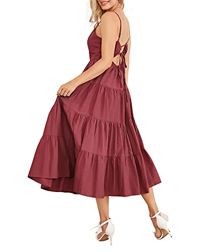 Fashionme Women Boho Smocked Dress Tiered Babydoll Fit And Flared Beach Dress Backless Cutout Spaghetti Strap Slip Cami Midi/Maxi Dresses Casual/Formal Summer #TOP24