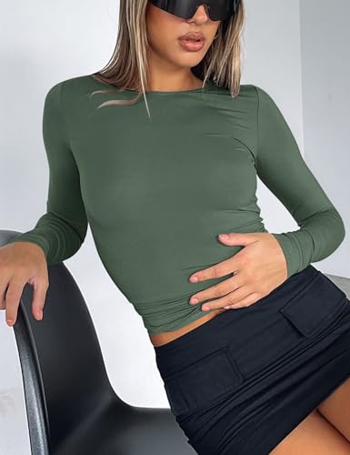 Image of AKEWEI Long Sleeve Crop Tops for Women 2 Pack Fall Going Out Outfits Cute Tight Basic Tees Shirt