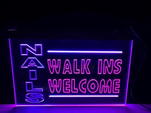 JYSW NAIL-S WALK-INS WELCOM - Letrero de neón LED abierto para tienda, bar, club, pub y letrero de bienvenida para pequeñas empresas. Luz roja súper brillante abierta para barbería