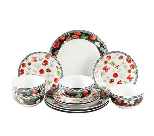 simpa 12PC Christmas Flora Orchard Ceramic Dinner Set. 4 Dinner Plates 4 Side Plates & 4 Bowls. Dishwasher & Microwave Safe.
