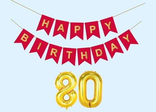 Image of Mystic Toy Store 80th Happy Birthday Decoration Kit Red for 80 year Old Men with Number Eighty Party Decorations Decor Celebration Items Item Set Combo Reusable Paper Banner