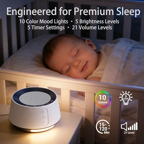 BGOVERSS White Noise Machine with Night Light – 20 Soothing Sounds, 10 Color Lights, 5 Timer Settings & Memory Function, Portable Sleep Sound Machine for Baby Nursery, Kids & Adults (White) - Image 4