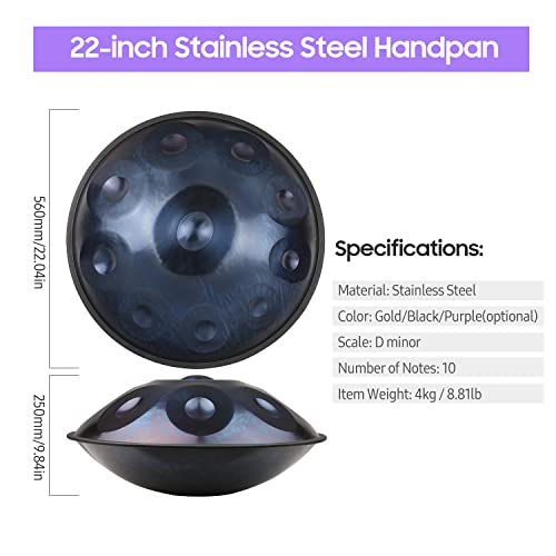 Tambor de Handpan de 10 notas Tambor de aço inoxidável de 22 polegadas com suporte de malhos Estojo