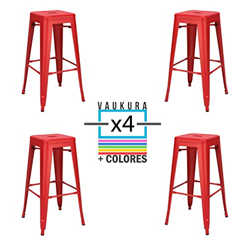 Vaukura Taburete Alto Tolix Pack 4 - Taburete Industrial Metálico Mate (Rojo)