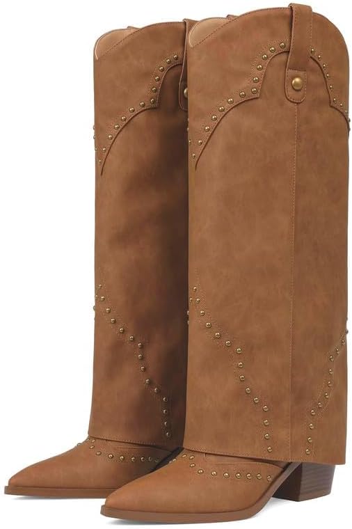 Erocalli Shark Fold Over Cowboy Cowgirl Boots Studded - Knee High, Tall, Western, Slouch, Pointed Toe, Pull on, Fashion Boot, Dress