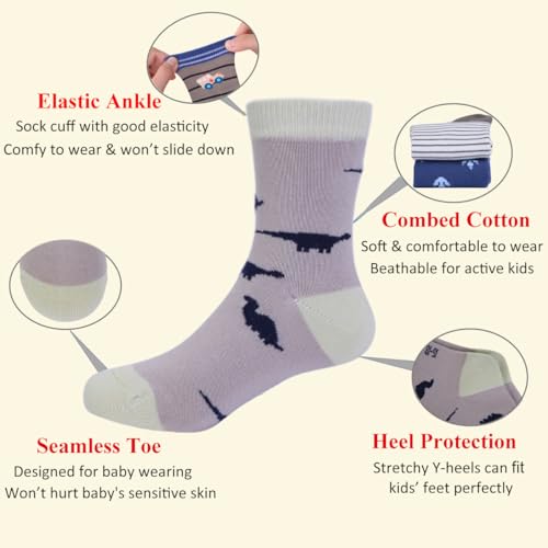 Toddler Boys Socks 12 Pairs Baby Crew Cotton Boy Dinosaur Socks for 1-3T/3-5T/6-8Years School Little Kids4