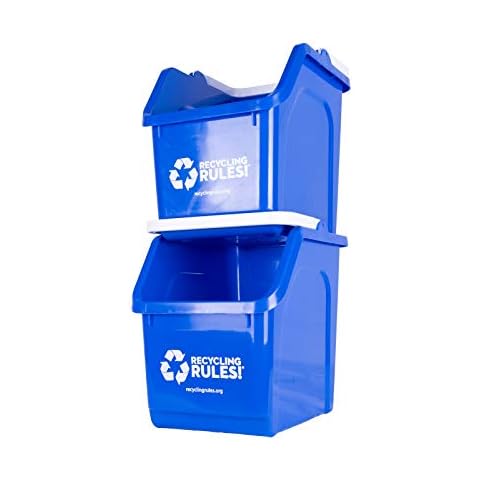 Recycling Rules! 6 Gallon Stackable Recycling Bin Container in Blue, Eco-Friendly BPA-Free Handy Recycler with Handle, 2-Pack Cover