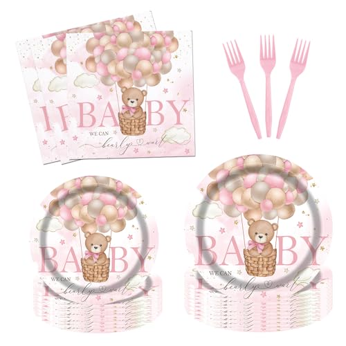 Fitumiw 96Pcs Bear Baby Shower Party Tableware Supplies Bear Plates and Napkins We Can Bearly Wait Party Set Baby Shower Decorations for Girl Serve 24 Guests (Pink)