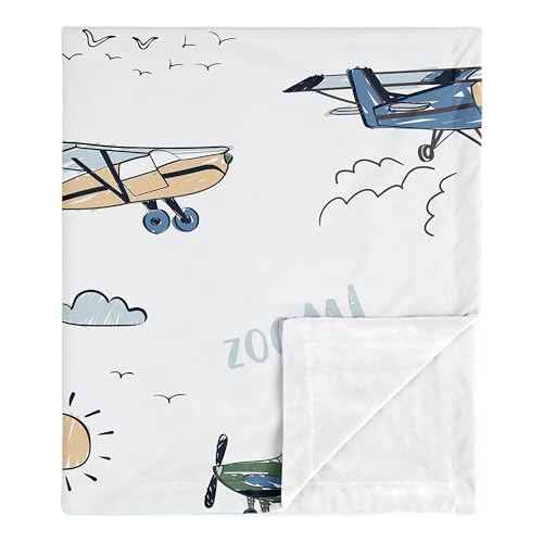 Image of Sweet Jojo Designs Vintage Airplane Boy Soft Baby Blanket Receiving Security Stroller Swaddle Toddler Newborn Infant Kids Travel Warm Minky Grey Green Blue White Yellow Airplanes Plane Transportation