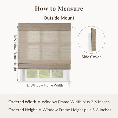 Image of TWOPAGES Natural No Drill Roman Blind Custom Made Cordless Ramie Roman Shade Light Filtering Blackout Roman Window Shade for Kitchen French Doors, Coconut, 1 Piece