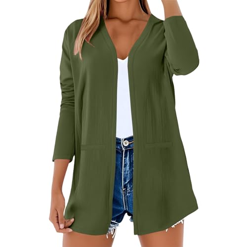 Cárdigan de mujer de algodón y lino, blusa con cuello en V, cubierta de gasa, kimono de verano, elegante, para playa, manga 3/4 de color liso, ligero para playa, fiesta, vacaciones, sueltos, informal
