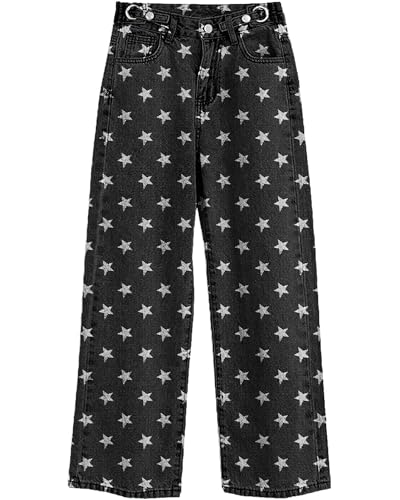 SANGTREE Baggy Jeans for Girls Wide Leg Jeans Elastic Waist Denim Pants Kids Clothes C-Star Prints Black 13-14 Years = Tag 1702