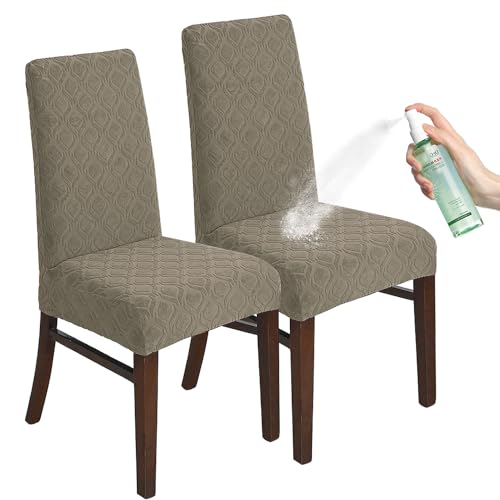 2023 Newest Jacquard High Stretchy Chair Covers for Dining Room,Dining Chair Slipcover Covers,Removable Washable Kitchen Chair Seat Protector Covers(A Taupe,Set of 2)