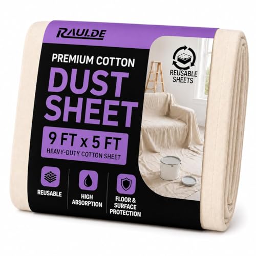 Raulde Cotton Dust Sheet 9x5FT Heavy Duty Reusable Dust Sheets for Decorating Waterproof Floor Protection Sheet for Painting Furniture Cover & DIY - Drop Cloth