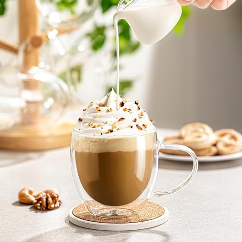 Image of Double Wall Glass, Clear Glass Without Handle Tumbler Glassware, Insulated, Coffee, Cappuccino, Tea, Latte Cups, Beverage Glasses Heat Resistant (6, Glass with Handle, 250 ML)