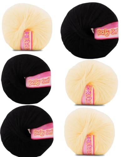 Image of Vardhman BabySoft Knitting Yarn | 100% Acrylic Wool | 4 Ply | Thin Knitting & Crocheting Hook Thread & Lightweight | Special Baby Wool | 150 Grams (6 Balls of 25g) | Machine Washable | Ideal for Blankets, Hats, Booties Ultra-Soft for Baby Sweaters, Blankets, Caps, Socks, Soft toys, Art & craft (Black 21 + Cream 42)