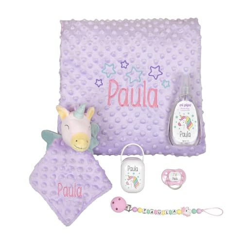 Mi Pipo - Canastilla Bebe Recien Nacido Personalizada Sweet | Pack Chupete Tetina Silicona Anatómica +6 Meses, Sujetachupetes Personalizado, Portachupetes, Manta, Doudou y Colonia | Unicornio Lila
